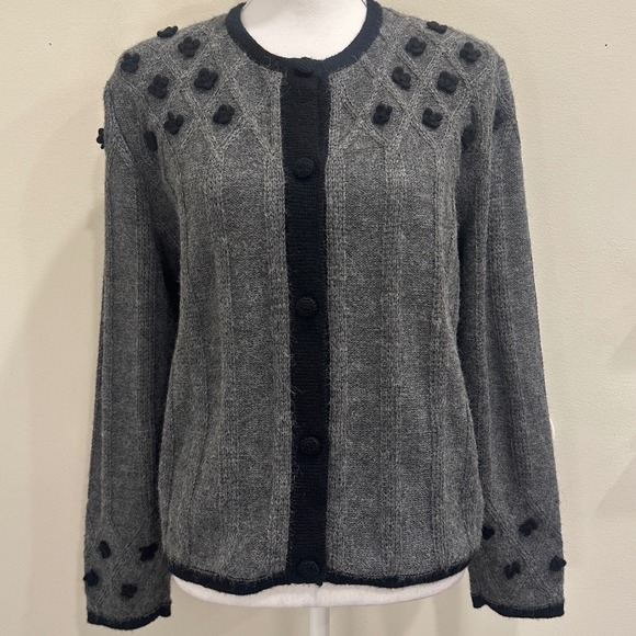 Deirdre McGuire Sweaters - Deirdre McGuire Alpaca Wool Cardigan Gray Black Floral 3D Knit Ireland Cottage L